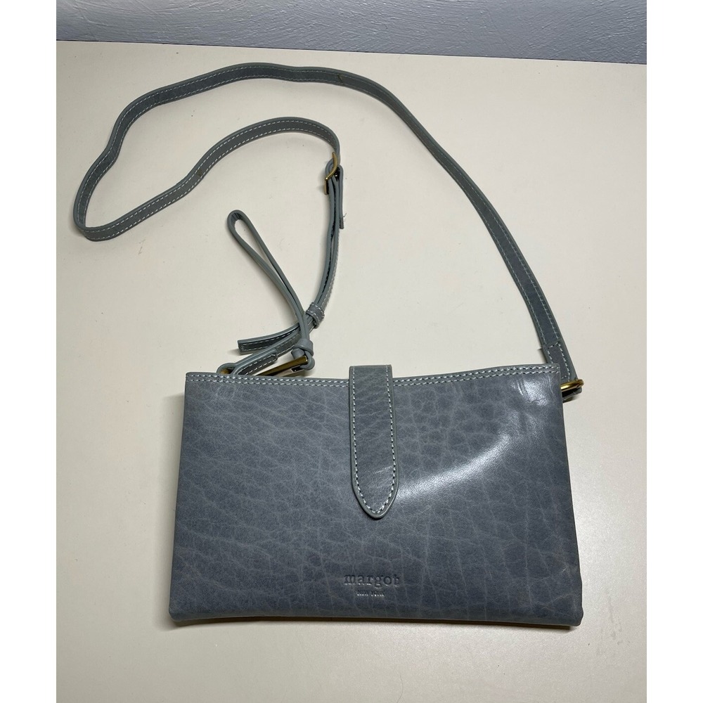 Margot New York  Crossbody Gray Blue Leather Bag Convertible Wristlet Small